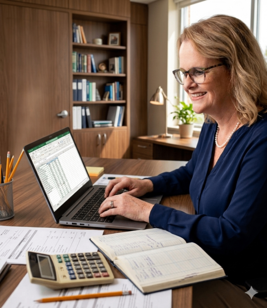 Bookkeeper reviewing financial records on laptop